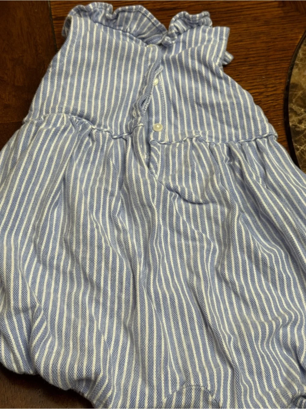 Ralph Lauren Light Blue & White Striped Ruffle Baby Romper